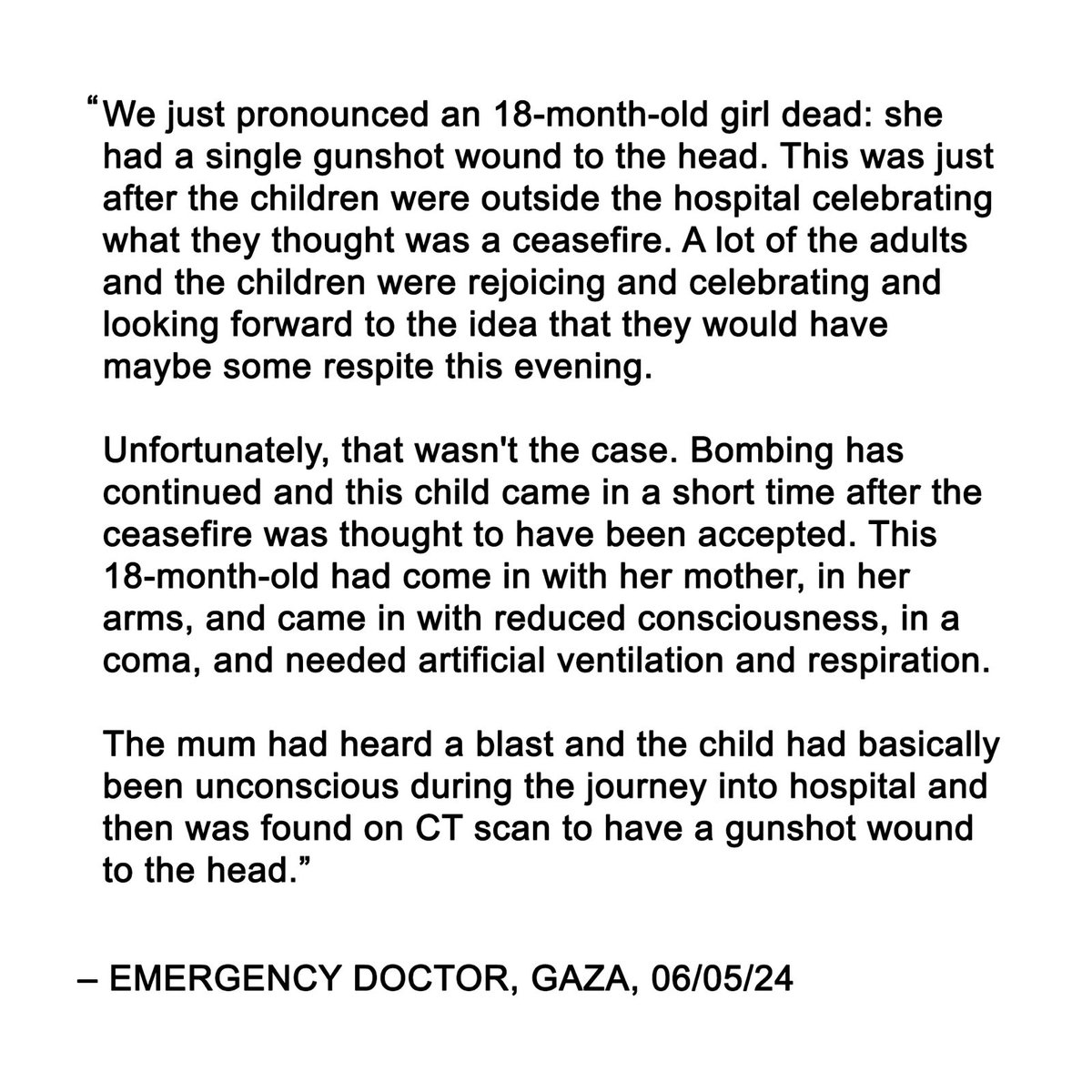 An 18-month-old child killed with a single gunshot to the head. The desperate hope for a ceasefire turned to tragedy for one mother in Gaza this evening.