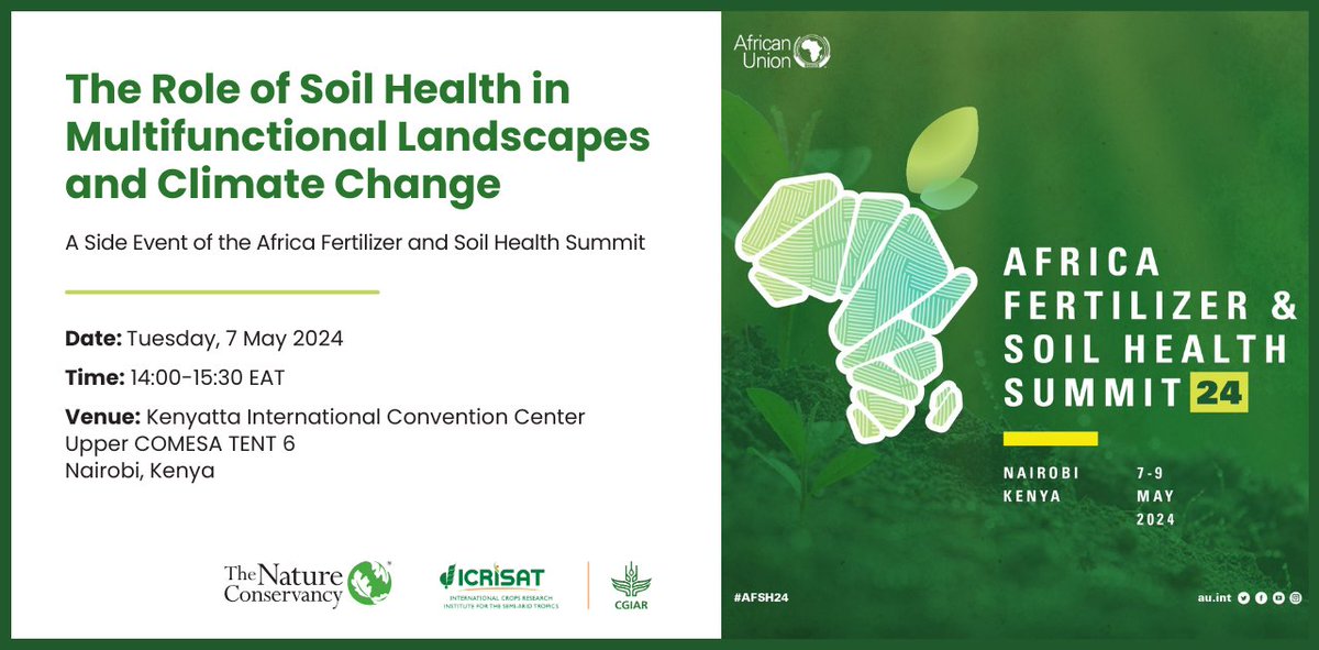 #EventAlert Don't miss the side event at #AFSH2024 on 'The Role of Soil Health in Multifunctional Landscapes and Climate Change'! Join us today from 14:00-16:30 EAT at Kenyatta International Convention Centre, Upper COMESA Tent 6. Can't make it in person? Register to join…