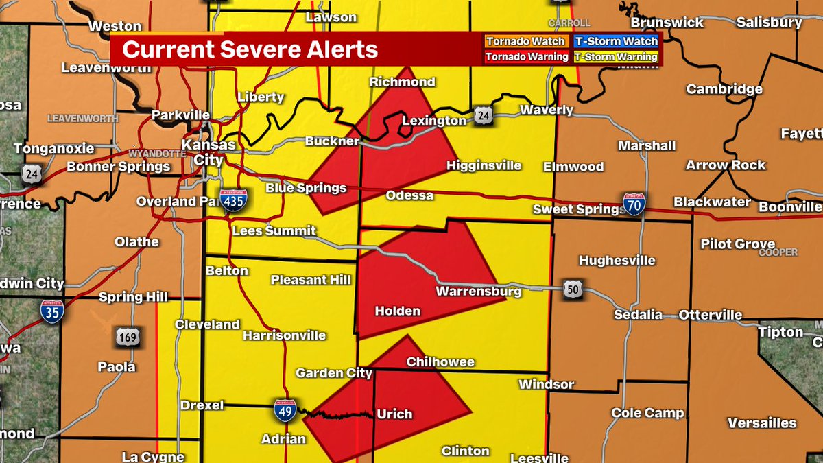 11:45 PM - There are now THREE active tornado warnings just east of the Kansas City Metro. We have reports of funnel clouds & power outages with these possible spin ups. Join us on @fox4kc #KCwx #MOwx