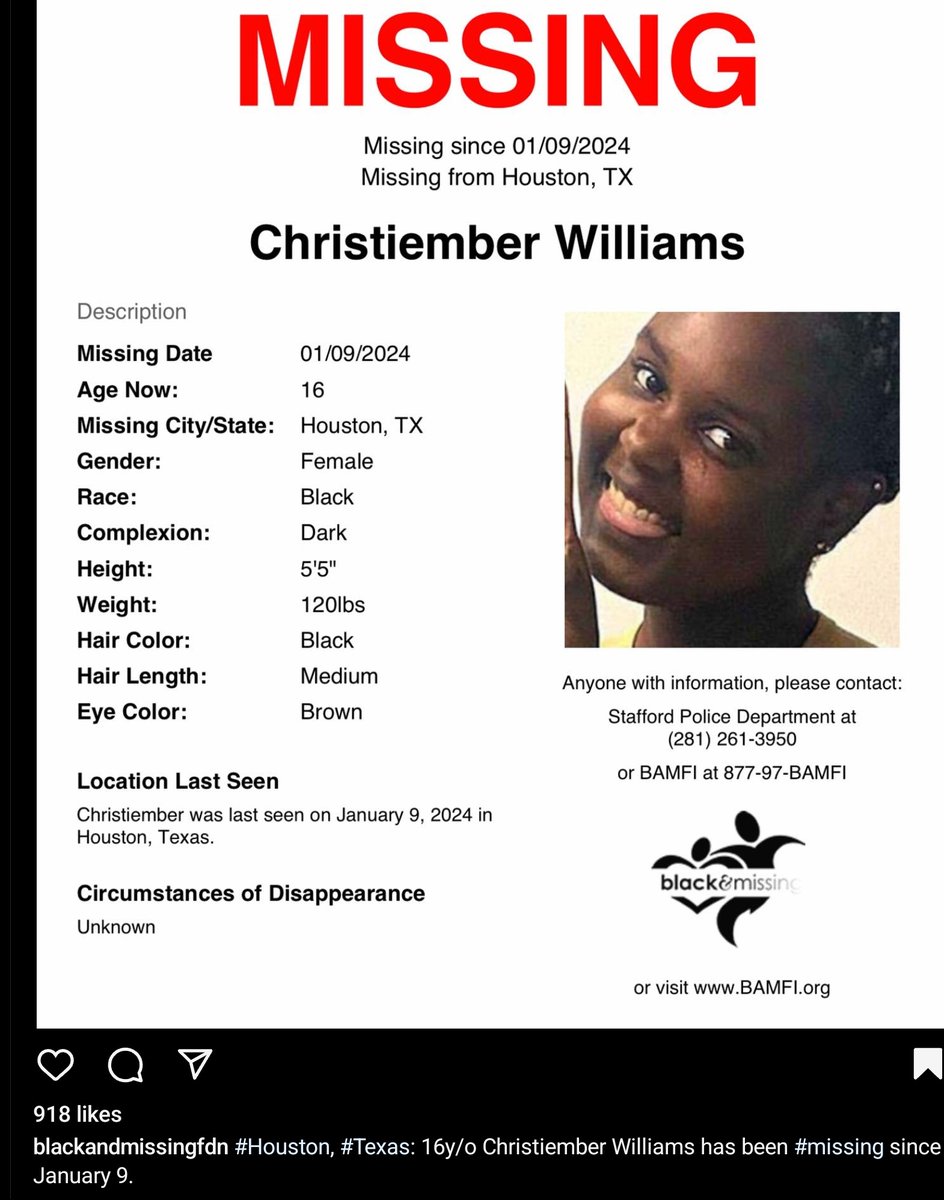 #ChristiemberWilliams #Missing since 1/9/24 from #Houston, #Texas. She is 16 years old, 5'5, 120lbs, Medium length black hair, with brown eyes.

If any information, please contact Stafford PD at 281-261-3950 or 1-877-97-BAMFI

#MissingJuvenile #MissingChild #MissingPerson #Help