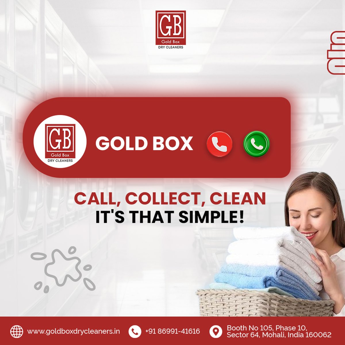 ☎️🚗✨ Call, Collect, Clean – it's as easy as 1-2-3!

☎️ 8699141616 📍 goldboxdrycleaners.in
#GoldBoxLuxuryCare #BusinessImageUpgrade #CommercialDryCleaning #ProfessionalCleaningServices #DryCleaningExperts #QualityService #PickupAndDelivery #LuxuryCleaning #Mohali #Chandigarh