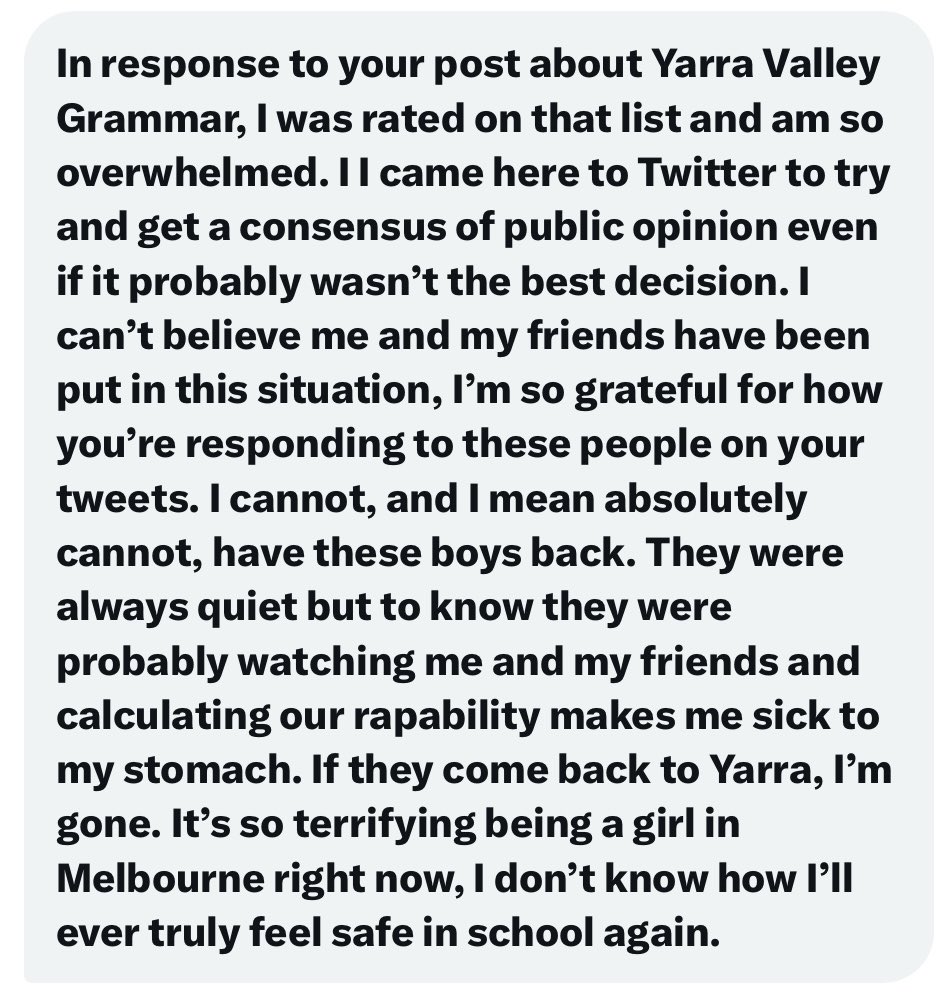 We had 2 desperate messages yesterday from girls at Yarra Valley Grammar School and both were horrific and upsetting. One is reproduced below with permission. We’ve verified the person’s identity before posting this. They both contacted us because we stood up as strongly as we…