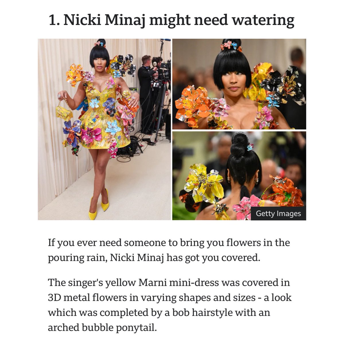 BBC news name #NickiMinaj the #1. Best dress celebrity of the #MetGala2024 💖💖💖💖