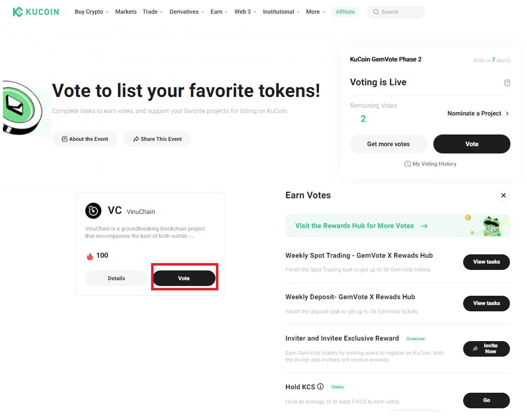 📣 $VC HAS BEEN NOMINATED FOR THE KUCOIN LISTING GEMVOTE Voting Page: kucoin.com/gemvote?rcode=… How to vote: 1️⃣ Register with referral to receive some votes: kucoin.com/gemvote?rcode=… 2️⃣ Deposit & Trade to receive some more votes. 3️⃣ Refer your friends to earn more votes. 4️⃣ Vote