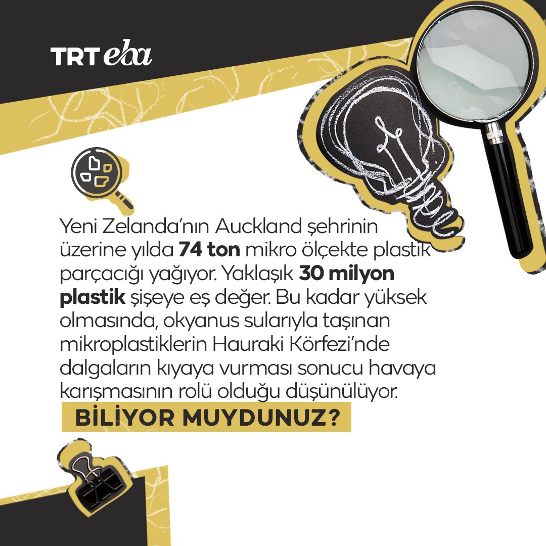 Yeni Zelanda’nın Auckland şehrinin üzerine yılda 74 ton mikro ölçekte plastik parçacığı yağıyor.

Bu, yaklaşık 30 milyon plastik şişeye eş değer. 
#trtebatv #plastik