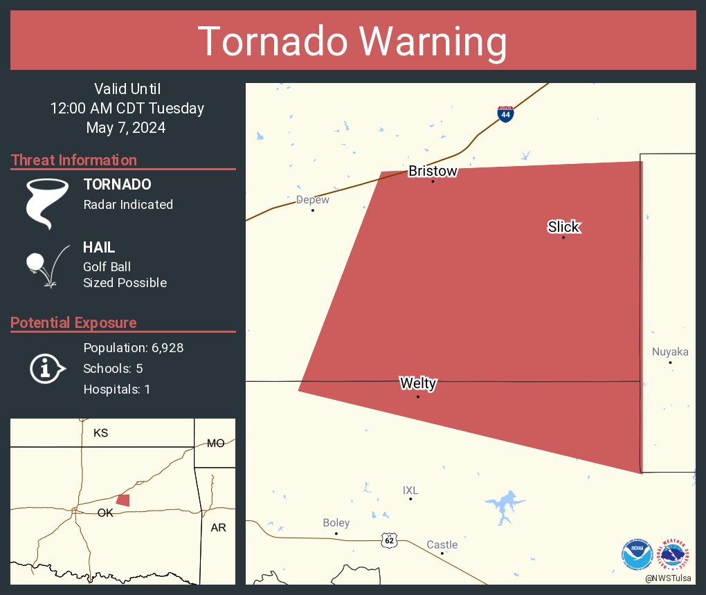 Tornado Warning continues for Bristow OK, Slick OK and Welty OK until 12:00 AM CDT