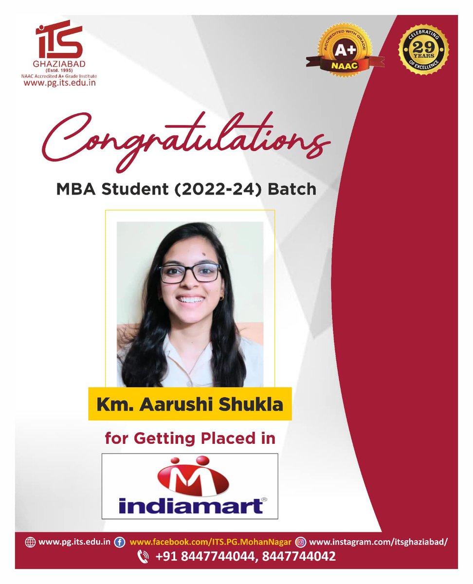 Institute of Technology & Science, Ghaziabad congratulates Km. Aarushi Shukla of MBA (2022-24) Batch for getting successfully placed in Indiamart.
ITS family wishes her all the best for her future endeavours.