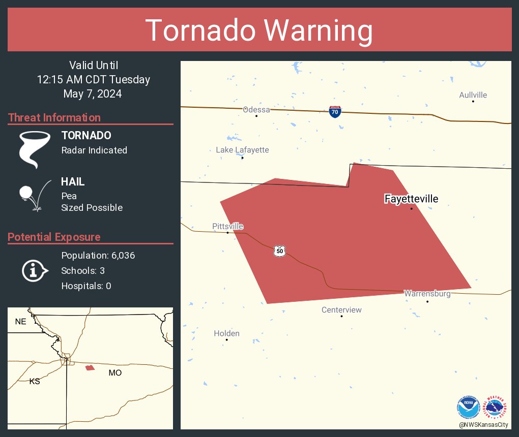 Tornado Warning continues for Fayetteville MO until 12:15 AM CDT