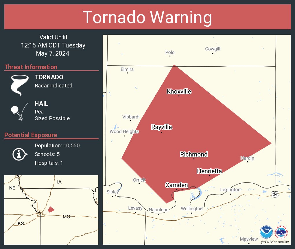 Tornado Warning continues for Richmond MO, Henrietta MO and Rayville MO until 12:15 AM CDT