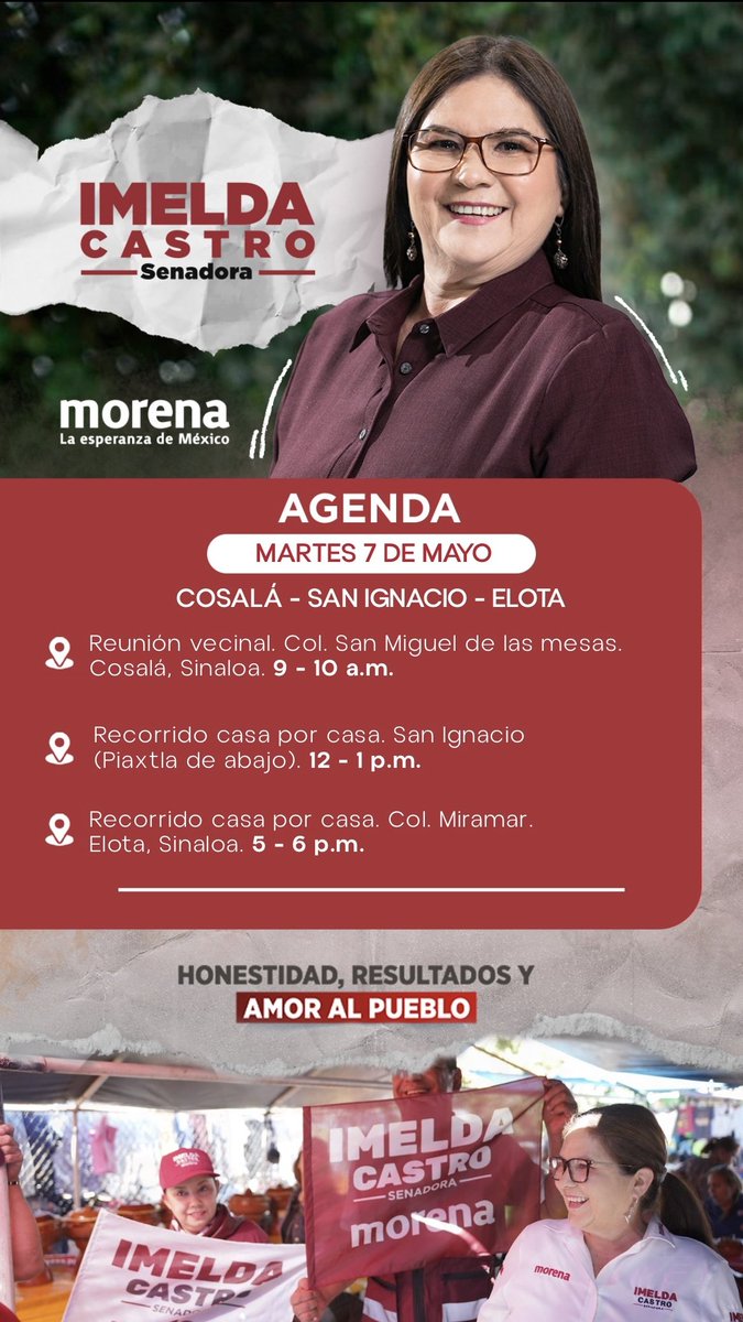 Nos vemos este martes 7 de mayo en la #FiestaPorLaDemocracia de #Morena por #Cosalá, #SanIgnacio y #Elota. ¡Acompáñanos!

#ClaudiaPresidenta #ImeldaSenadora