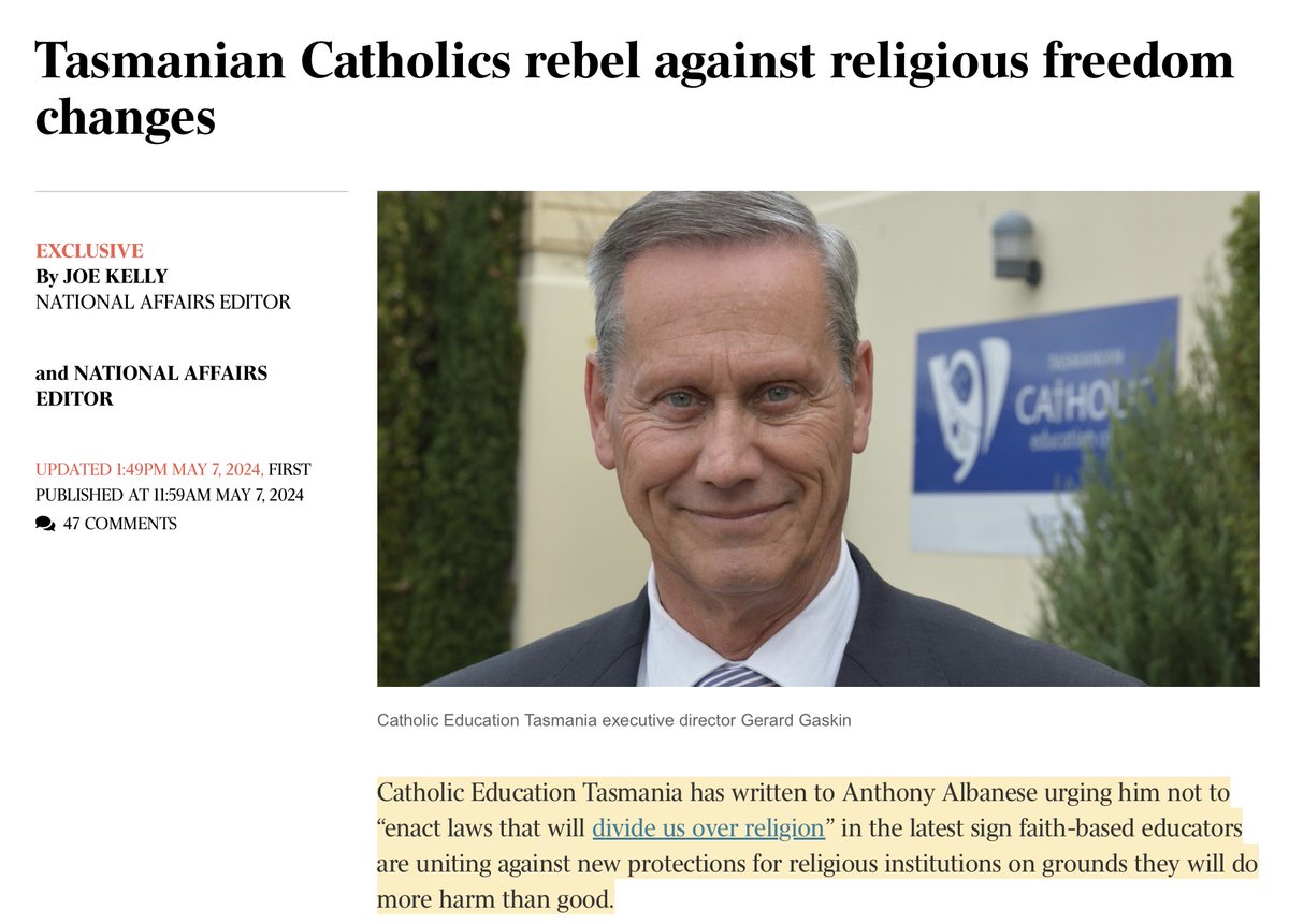 It is hypocritical for Catholic Education Tasmania to oppose at a national level the kind of LGBTIQA+ anti-discrimination law they have no complaints about at a state level. News: tinyurl.com/3cb9a8fv Response: ymlp.com/zhhpnF #auspol @joekellyoz