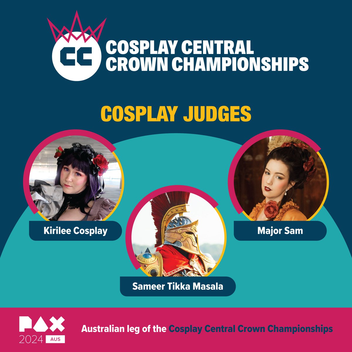 Introducing our Cosplay Judges for the Cosplay Central Crown Championships, coming to #PAXAus on Sunday 13th October!

Welcome @KirileeCosplay, Sameer Tikka Masala and Major Sam to our judging panel!
#PAXAUS