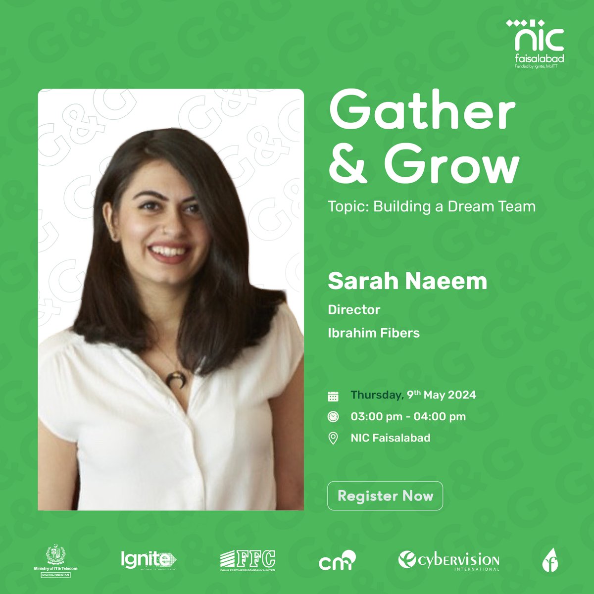 We’re excited to share that Sarah Naeem, Director at Ibrahim Fibers and one of Faisalabad's top #women #business leaders, will be joining us for our next Gather and Grow session moderated by Zeeshan Shahid, Project Director at #NICF.

#WomenInBiz #LeadershipTips #TeamBuilding