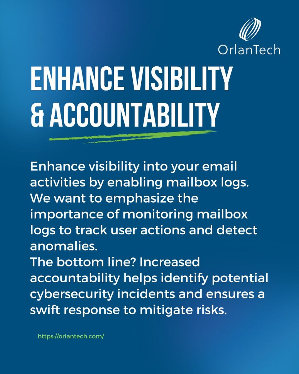 Empower your email security with OrlanTech!

Enable mailbox logs for enhanced visibility and accountability. Track user actions, detect anomalies and stay ahead of cybersecurity threats. Your business's safety is our priority.

#EmailSecurity #CyberAware