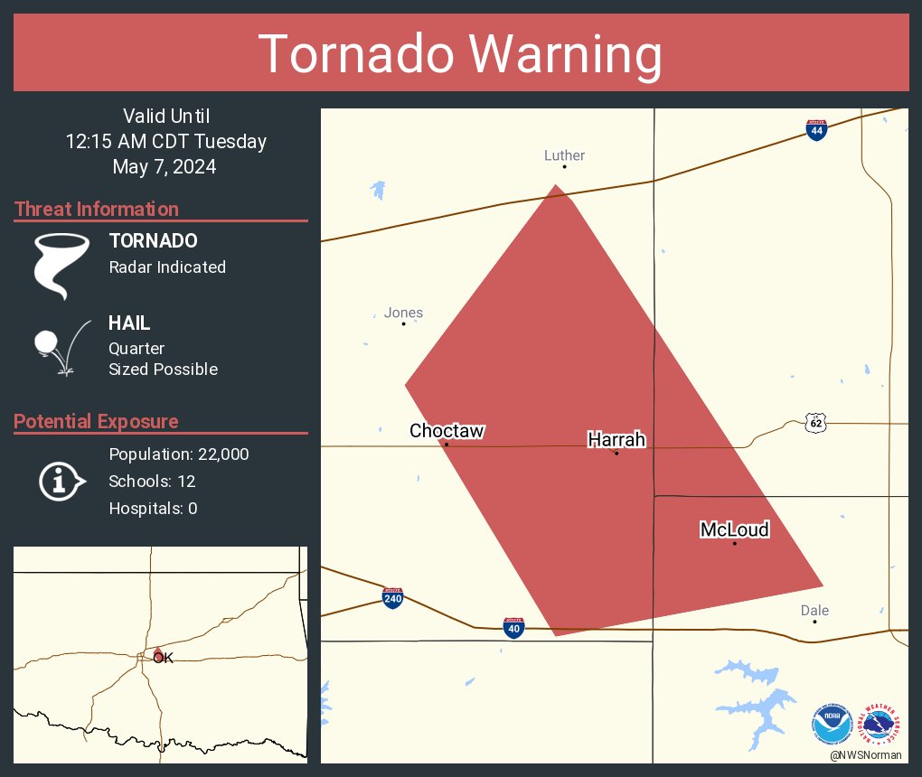 Tornado Warning continues for Choctaw OK, Harrah OK and McLoud OK until 12:15 AM CDT