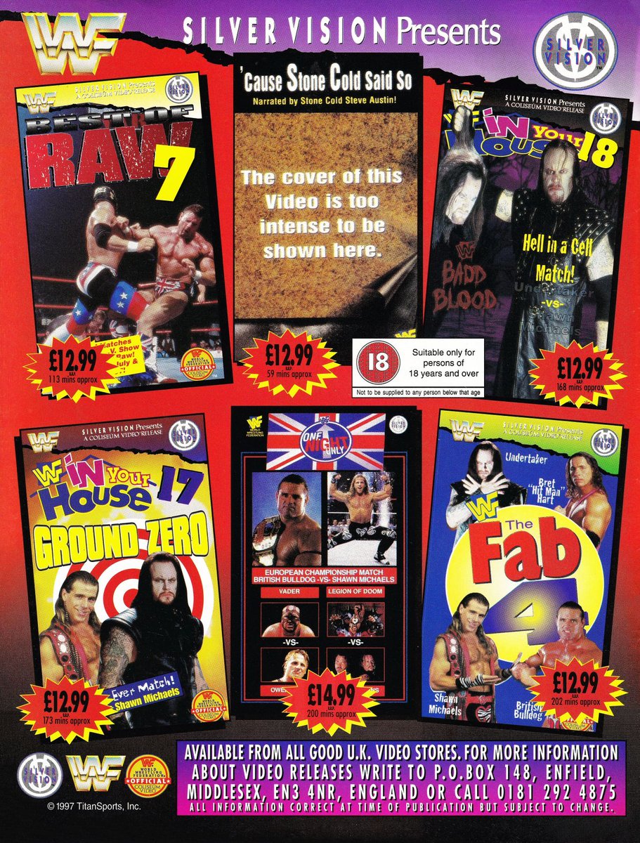 6 great new video cassettes available from all good video stores! 📼 #WWERaw #WWF #Wrestling #InYourHouse #WWFOneNightOnly #SteveAustin