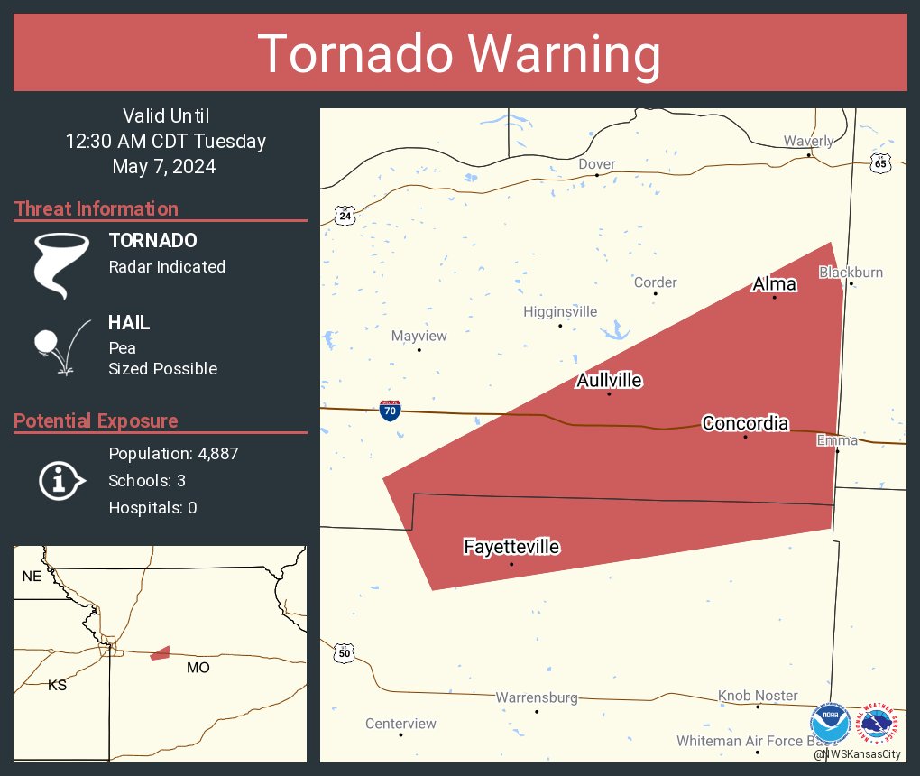 Tornado Warning including Concordia MO, Alma MO and Aullville MO until 12:30 AM CDT