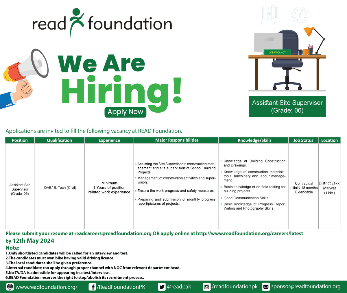 Job Alert!!! Join our dynamic team and unlock your potential! We're hiring talented individuals who are passionate and ready to make a difference. Apply now and take the next step towards a fulfilling career. Please apply at the given link: readfoundation.org/careers/ (For any