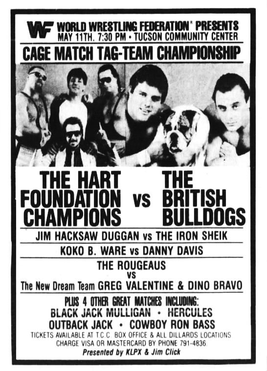 On this day in 1987: WWF action at the Tucson Community Center, Tucson, Arizona! 🤼 #WWF #WWE #Wrestling #HartFoundation #BritishBulldogs