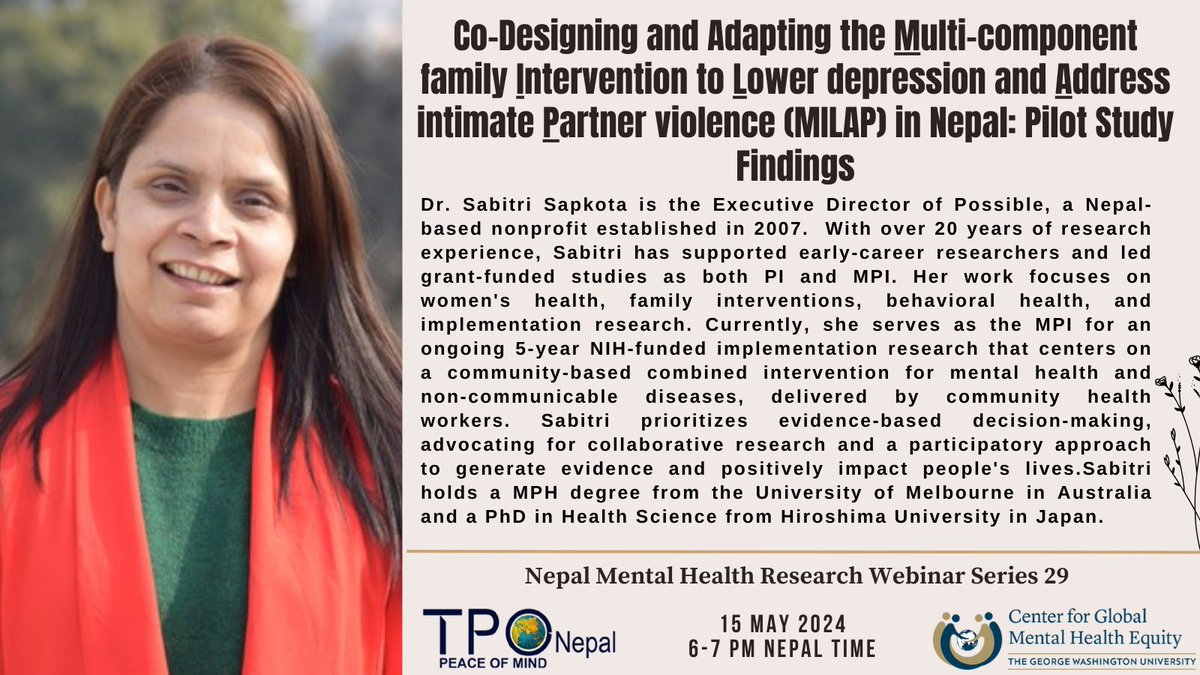 🌟 Announcement! 🌟
Meet our speaker for the 29th #webinarseries, Dr Sabitri Sapkota and Ms. Kripa Sigdel.
📅 05/15/2024
🕕 6 to 7 PM Nepal Time

Registration link:docs.google.com/forms/d/e/1FAI…