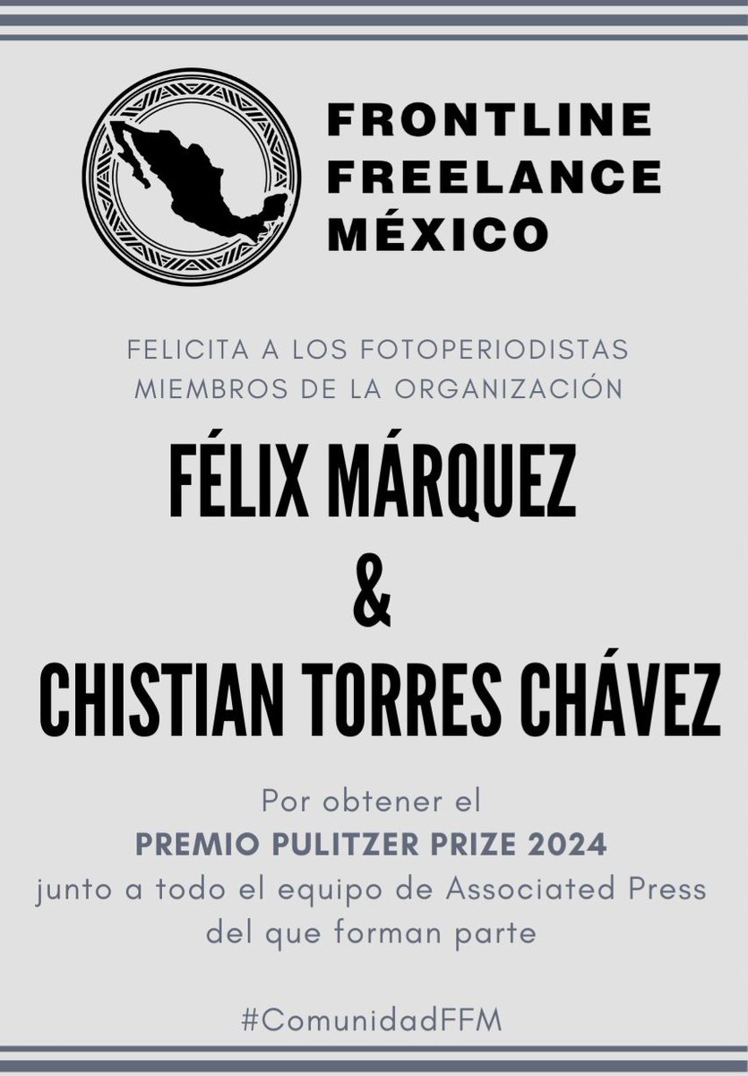 Quienes conformamos Frontline Freelance México felicitamos a los fotoperiodistas @felyxmarquez y @chtorresfoto por ser ganadores del Premio Pulitzer 2024 junto al equipo de fotografía de AP del que forman parte. ¡Enhorabuena! 🥳 👏🍾 #ComunidadFFM