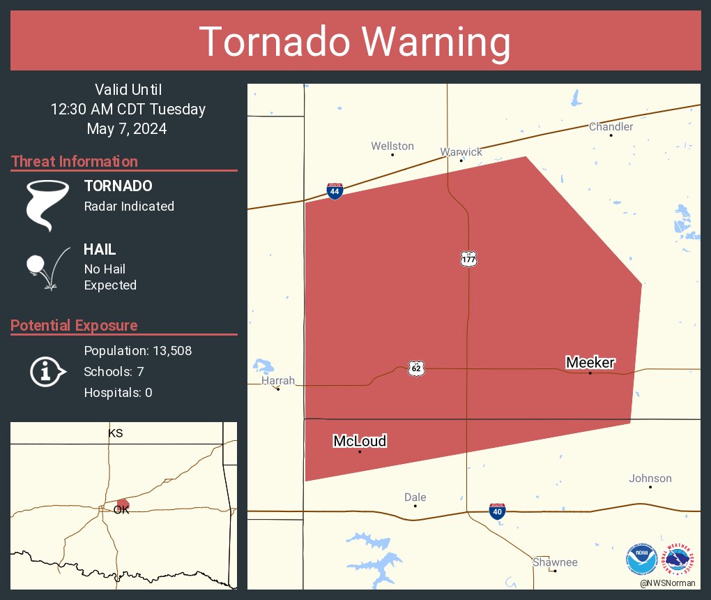 Tornado Warning including McLoud OK and Meeker OK until 12:30 AM CDT