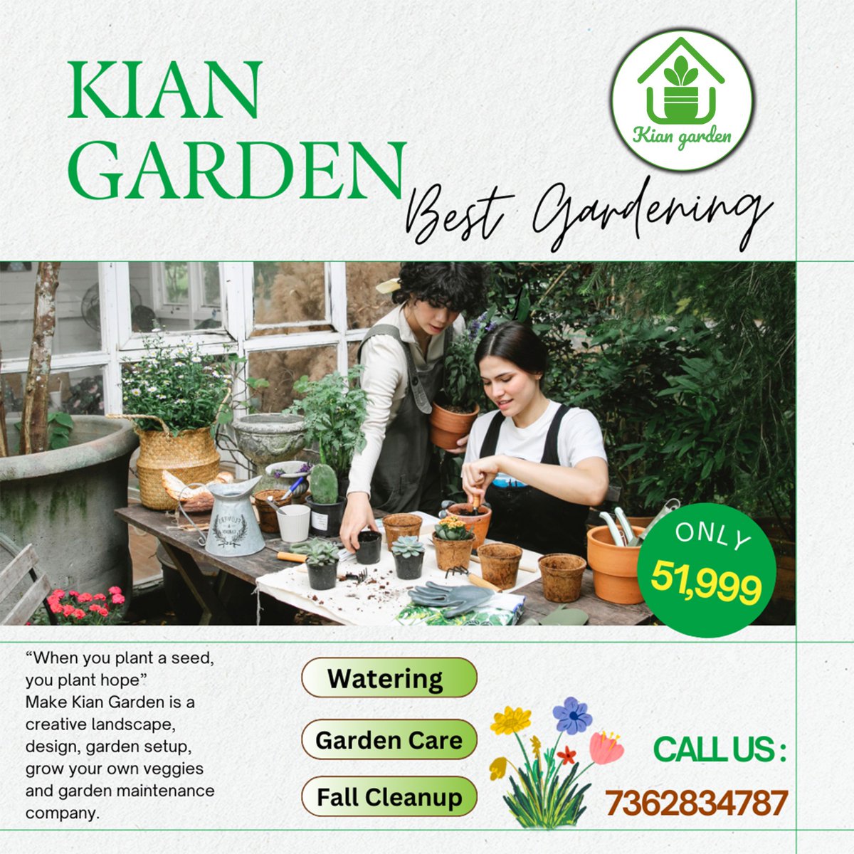🌱 Welcome to 𝗞𝗜𝗔𝗡 𝗚𝗔𝗥𝗗𝗘𝗡 Gardening Services! 🌿

Transform your outdoor oasis with our expert touch! 🌻

At 𝗞𝗜𝗔𝗡 𝗚𝗔𝗥𝗗𝗘𝗡, we're passionate about 𝒏𝒖𝒓𝒕𝒖𝒓𝒊𝒏𝒈 𝒚𝒐𝒖𝒓 𝒈𝒓𝒆𝒆𝒏 𝒔𝒑𝒂𝒄𝒆𝒔 𝒕𝒐 𝒑𝒆𝒓𝒇𝒆𝒄𝒕𝒊𝒐𝒏. 

#gardenarea #gardendecor #garden