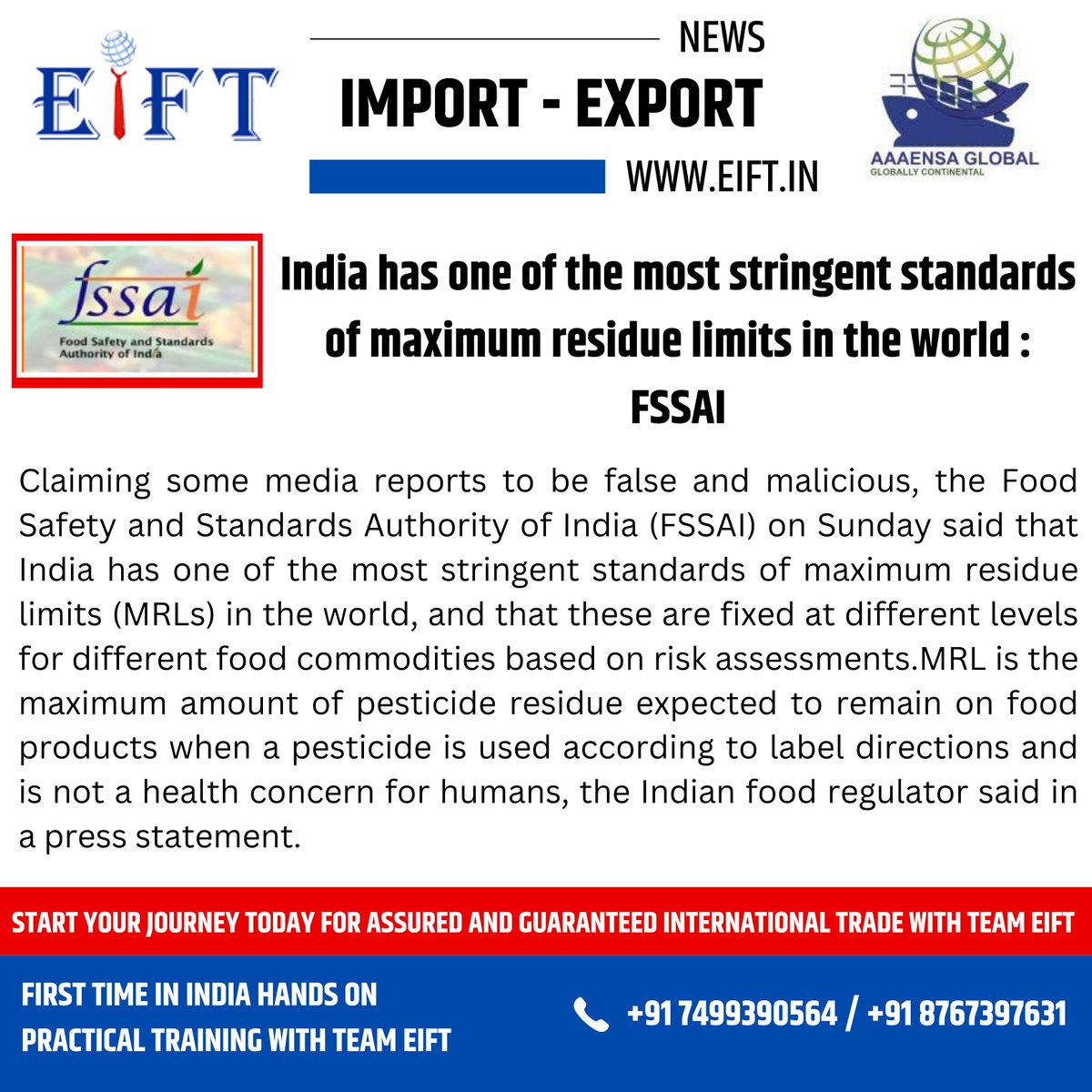 India has one of the most stringent standards of maximum residue limits in the world: FSSAI
.
.
.
#India #FSSAI #FoodStandards #Regulations #Guidelines #QualityControl #FoodSafety #IndianCuisine #Government #Health #Certification #Standards  #eiftinstitute  #pune