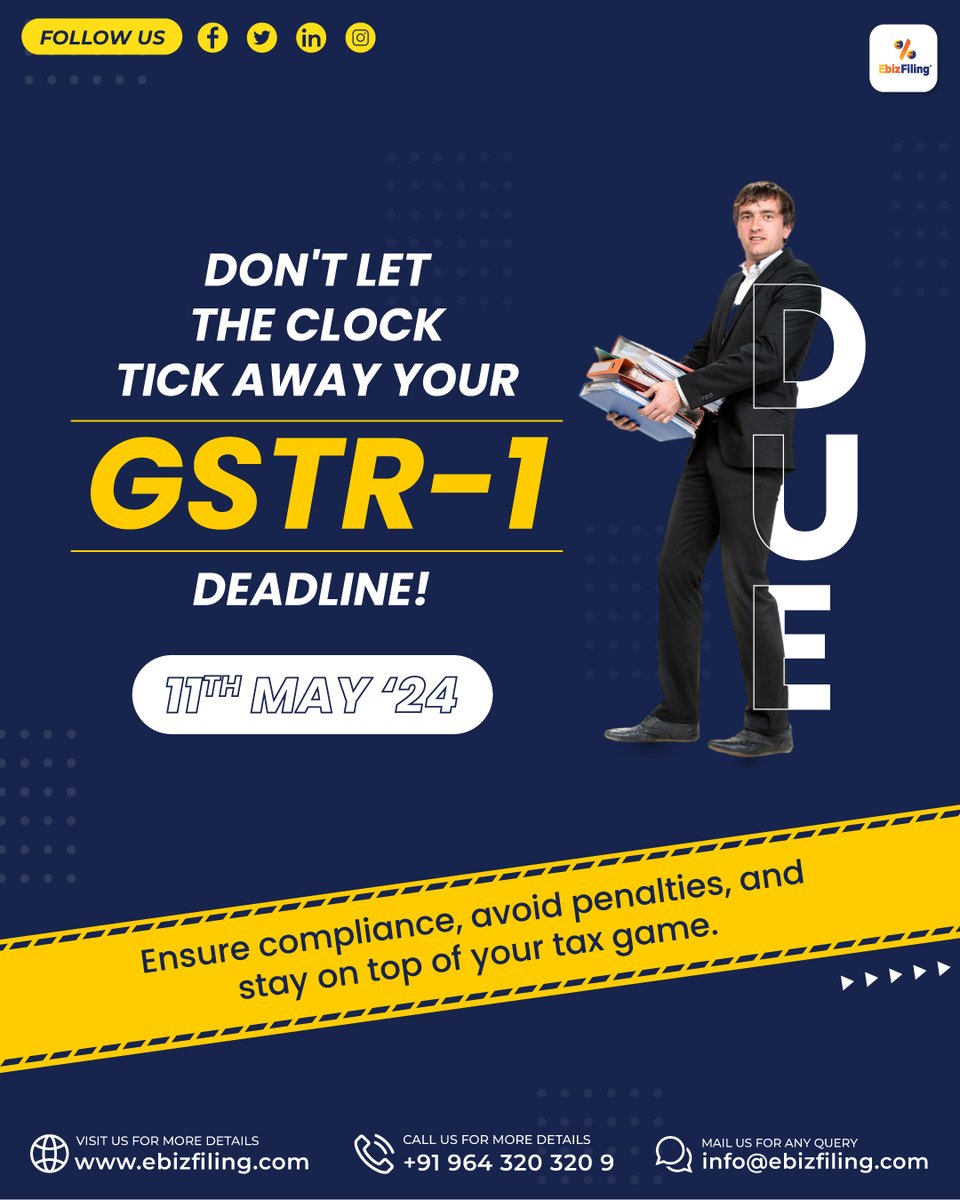 📂Get your documents ready! The GSTR-1 deadline is May 11th🗓️

Connect with us! 📧info@ebizfiling.com | 📞+91 9643203209 | 💻ebizfiling.com

Join our WhatsApp community: zurl.co/6MvE

#Compliance #taxation #gstreturns #deadline #taxfiling #gstr1 #Ebizfiling