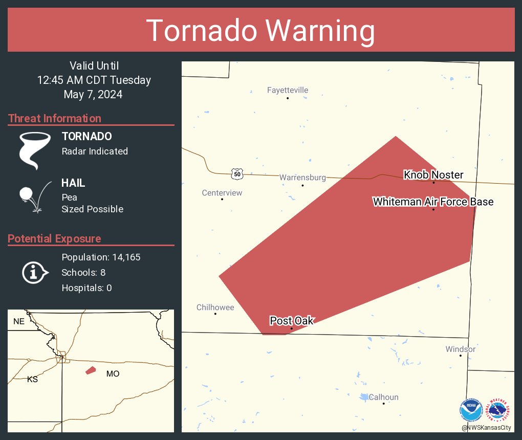 Tornado Warning including Knob Noster MO, Whiteman Air Force Base MO and Post Oak MO until 12:45 AM CDT