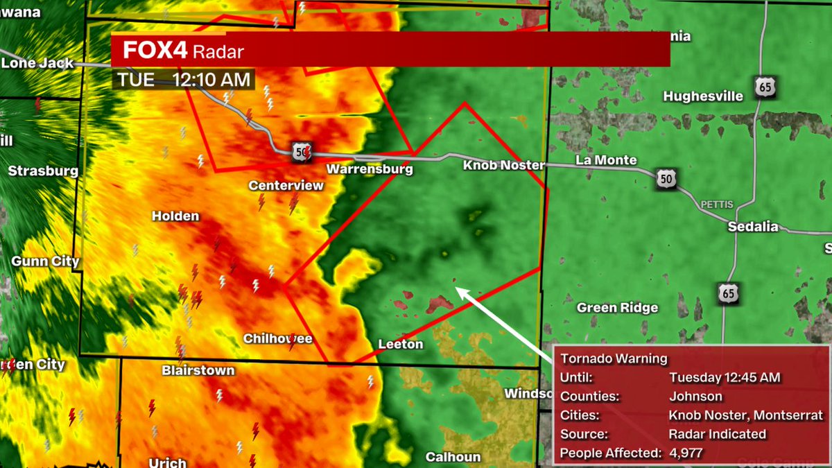 New Tornado Warning for Johnson counties until 5/07 12:45AM. Seek shelter now & tune into live coverage on FOX 4 Kansas City! #fox4kc