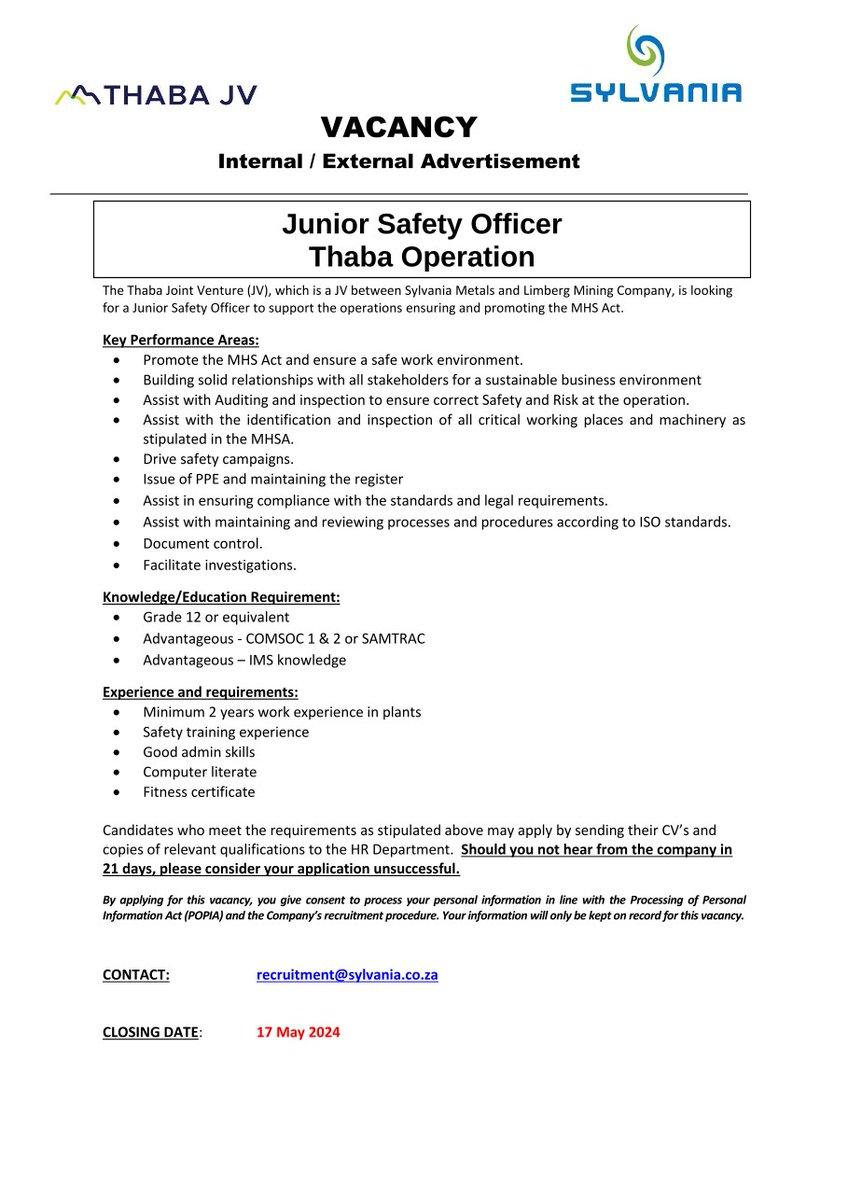 Sylvania is hiring a Junior Safety Officer in North West 

Closing date: 17 May 2024 
Email your CV to: recruitment@sylvania.co.za
