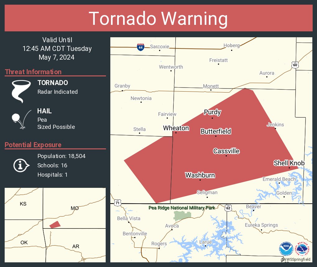 Tornado Warning including Cassville MO, Shell Knob MO and Purdy MO until 12:45 AM CDT