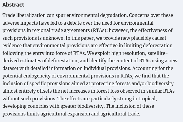 Forthcoming article by @AbmanRyan Clark Lundberg and Michele Ruta 'The Effectiveness of Environmental Provisions in Regional Trade Agreements' @EEANews @OUPEconomics doi.org/10.1093/jeea/j…