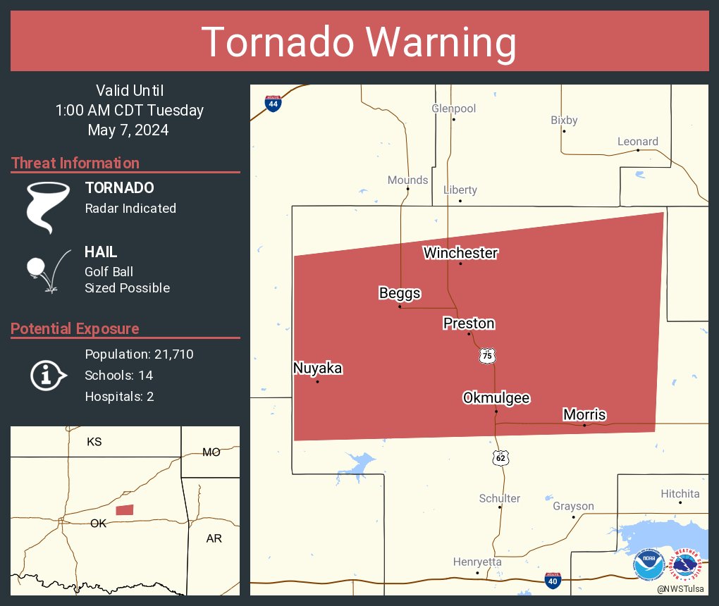 Tornado Warning continues for Okmulgee OK, Morris OK and Beggs OK until 1:00 AM CDT