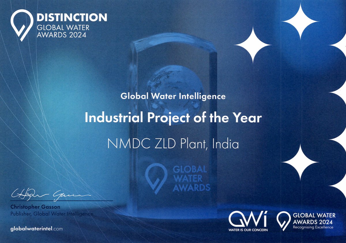 We're excited to share that WABAG has secured prestigious 'Industrial Project of the Year' Distinction Award from @WaterIntel for our NMDC ZLD Plant, India. We extend our heartfelt gratitude to our Valued Customers, Business Associates, and WABAGites for  trust and support.