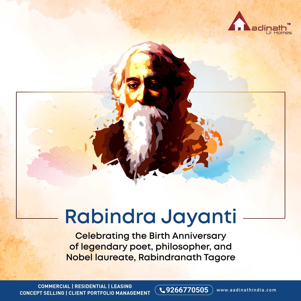 Tagore's legacy lives on, inspiring generations.
#RabindraJayant #Legacy #Poetry #Philosophy #Bengali #IndianCulture #Writers #CreativeGenius #RabindraJayanti #AadinathIndia #AadinathUrHomes #OfficeSpace #RetailSpace
