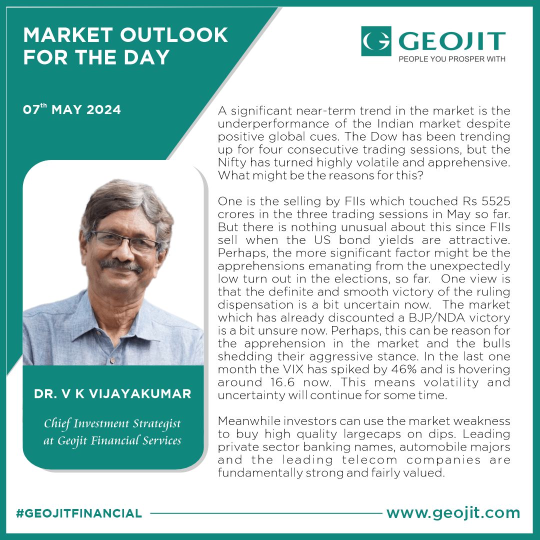 #MarketOutlook For the Day by Dr. V.K. Vijayakumar, Chief Investment Strategist @GeojitFinancial

#MarketUpdate #StockMarketIndia #Stockmarket #Sensex #Nifty #Stock #Trading #Today #Sharemarket #Investors #Market #BJP #NDA #Intraday #GIFTNIFTY #Elections #GeojitFinancial