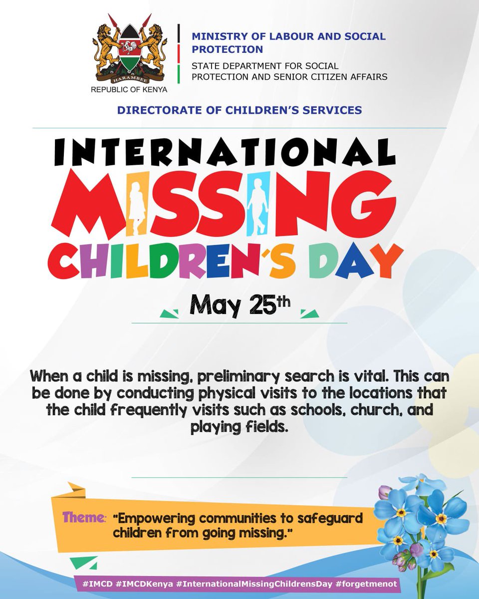 🔍 When a child goes missing, every minute counts. On #InternationalMissingChildrenDay , let’s remember the importance of searching familiar places like schools, churches, and playgrounds. Quick action can save lives. #BringThemHome #IMCDKenya #IMCD2024