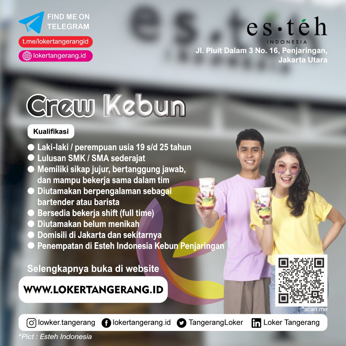 Lowongan Esteh Indonesia

Untuk Informasi lebih lengkap dan pendaftaran silahkan cek di website lokertangerang.id

Info lebih update silahkan gabung ke channel telegram t.me/lokertangerang…

Link Pendaftaran : lokertangerang.id/2024/05/crew-k…

#lokertangerang #lokerjakarta