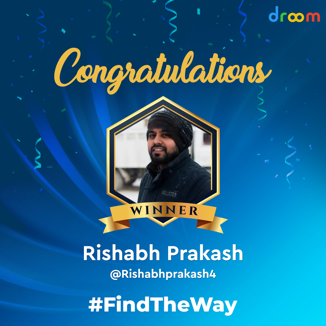 Here we have the WINNER for #FindTheWay 🎉 Thank you to everyone who participated & made it more fun. We would request @Rishabhprakash4 to kindly DM us with email & address details ASAP so that we can send the Droom Goodies.

#Contest #Contestwinner #TwitterContest #Contestalert