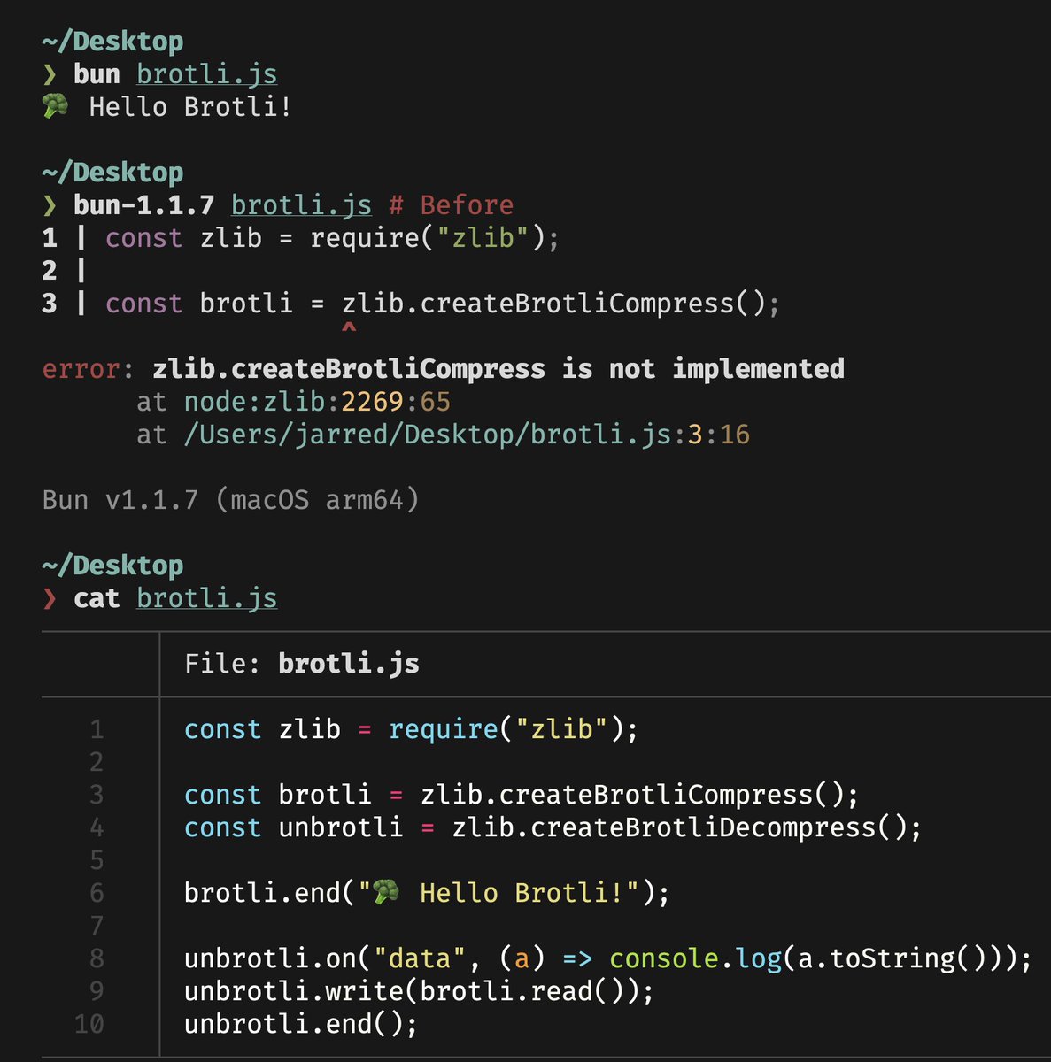 In the next version of Bun Brotli compression is implemented in node:zlib