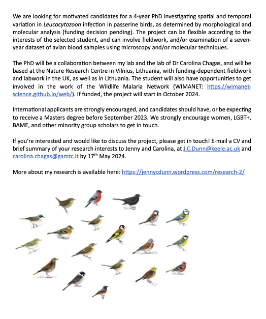 PhD studentship working with me and <a href="/crfchagas/">Carolina Chagas</a> based in Nature Research Centre, Lithuania! Working on #Leucocytozoon infection in #birds with opportunities to get involved in <a href="/WIMANETscience/">WIMANET</a>. E-mail us any  questions, application deadline 15th May #malaria #ornithology Please RT