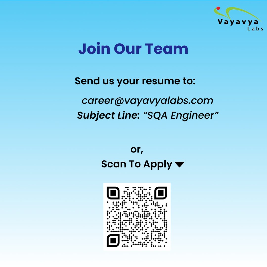 We're seeking a talented SQA Engineer to join our growing team in Bengaluru.

Ready to take your skills to the next level?
Apply now and let's chat! vayavyalabs.com/current_openin…

#VayavyaLabs #Careers #Bangalore #JobOpenings #BangaloreJobs