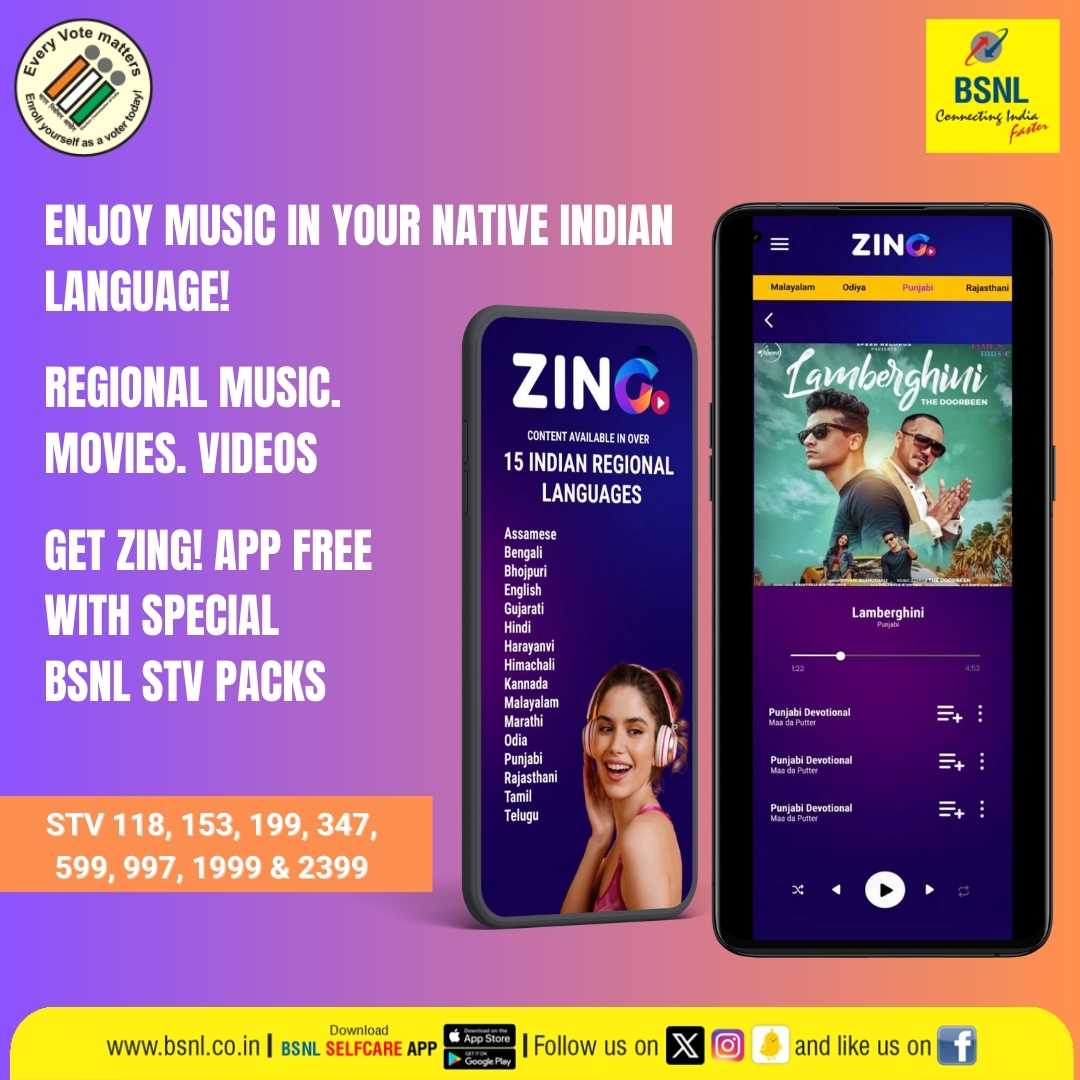 Dive into the heart of regional entertainment with #Zing, included in select #BSNL prepaid plans!

Download #BSNLSelfcareApp
Google Play: bit.ly/3H28Poa
App Store: apple.co/3oya6xa
#BSNLOnTheGo #DownloadNow #RechargeNow