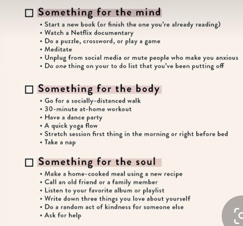 Do something for your mind, body and soul every day. Here is a checklist for your reference….