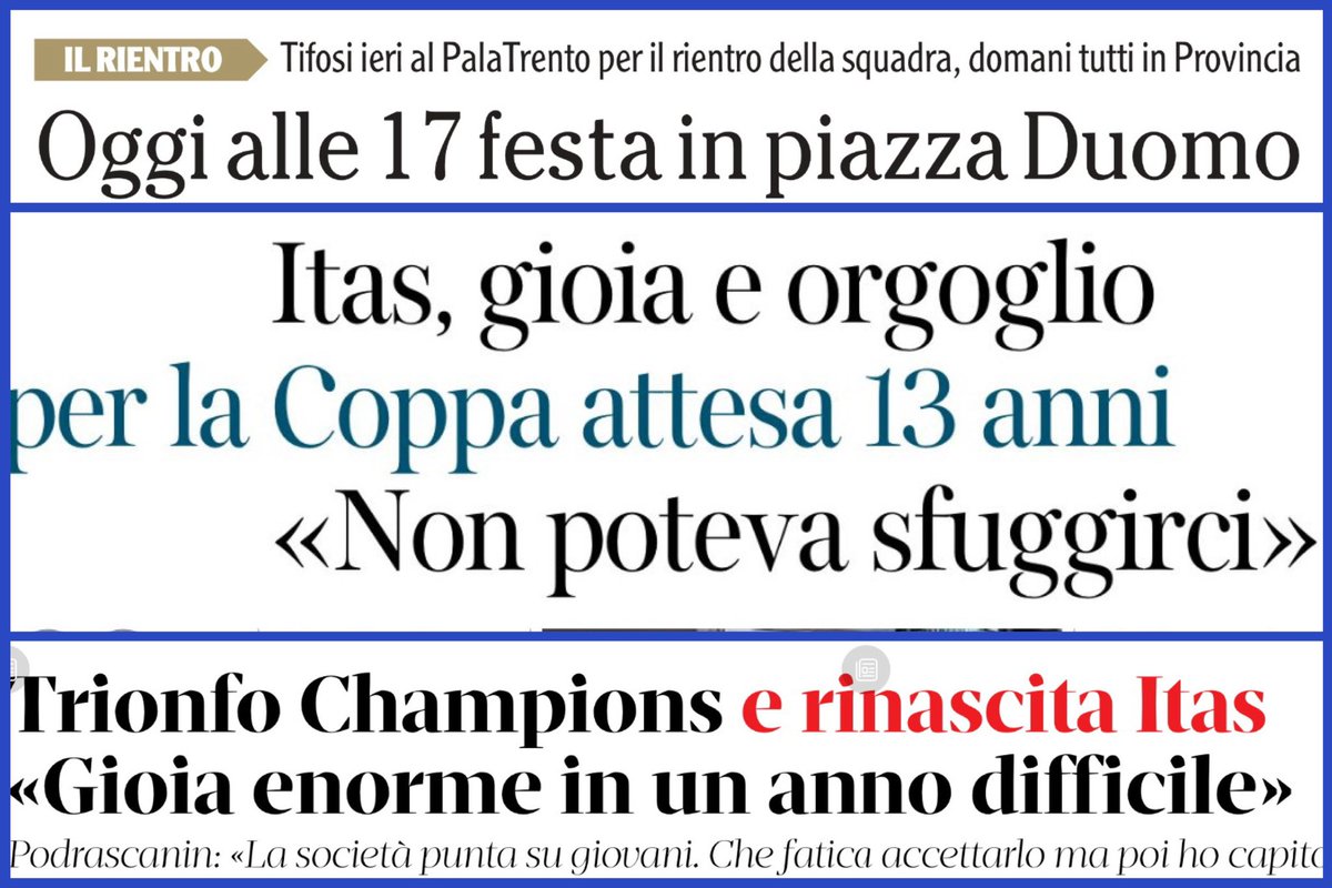 🗞 | RASSEGNA STAMPA
➖
I titoli dei quotidiani locali dedicati alla #TrentinoItas maschile nella giornata di martedì #7maggio 2024: l’#Adige, #CorrieredelTrentino e #ilT 
➖ 
#️⃣ #trentinonelcuore