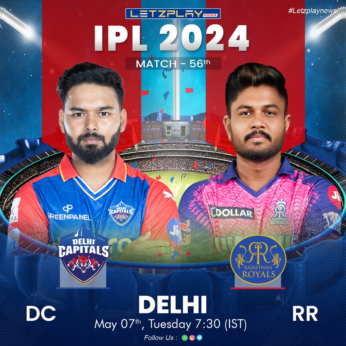 🏏💥 Get ready for an epic showdown as Delhi Capitals take on Rajasthan Royals in the IPL 2024 clash at Delhi on May 7th! 🌟 

Don't miss the action-packed battle! 🔥 
-
-
#DCvsRR #IPL2024 #iplupdate #news #NewsUpdate #DelhiCapitals #RajasthanRoyals #CricketFever #MatchDayMadness