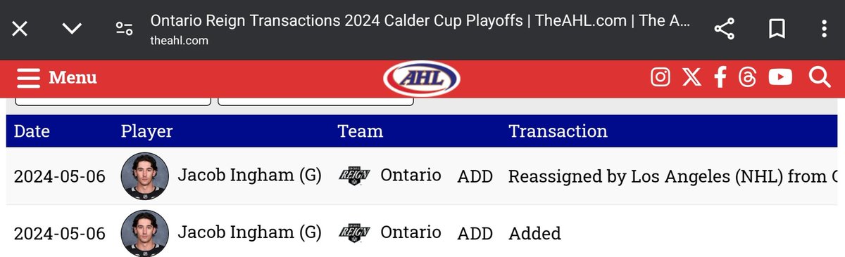 Goaltender Jacob Ingham was re-assigned to the Ontario Reign earlier today, per the AHL transaction log.

The Reign now have four goalies on the roster

Erik Portillo 
Ryan Bednard 
Aaron Dell
Jacob Ingham 

#ReignTrain #AllAboard