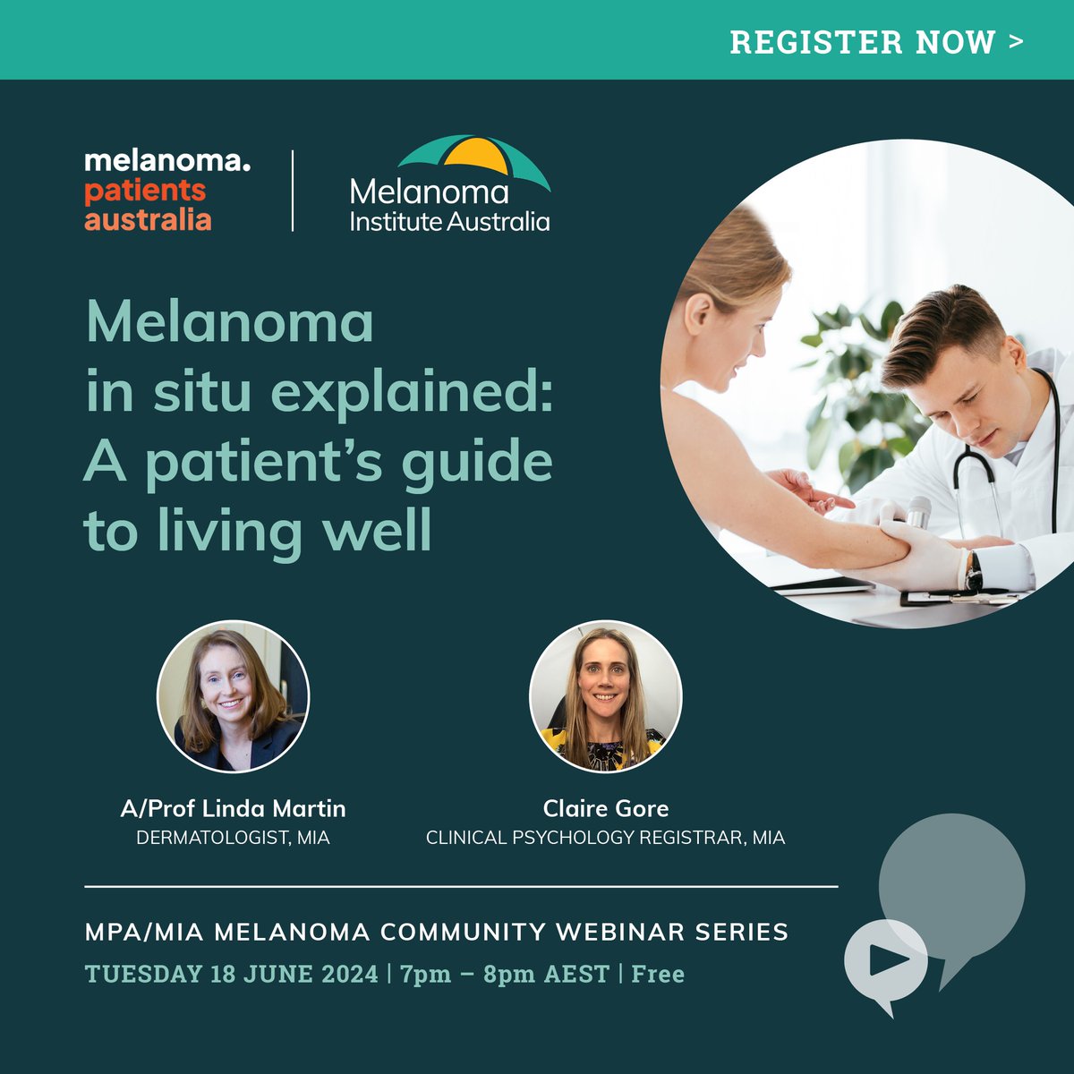 #Melanoma patients & carers: Join MIA & @melanomasupport for informative series of webinars in June. Webinar 3 topic: 'Melanoma in situ explained: A patient’s guide to living well'. Presented by MIA's A/Prof Linda Martin & Claire Gore. See more & register> melanoma.org.au/event/mpa-mia-…